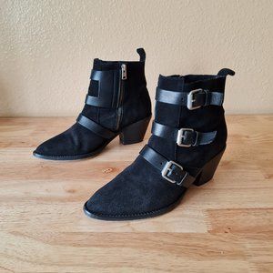 Allsaints Lulu Triple Buckle Black Moto Pointed Toe Heeled Ankle Booties Boots